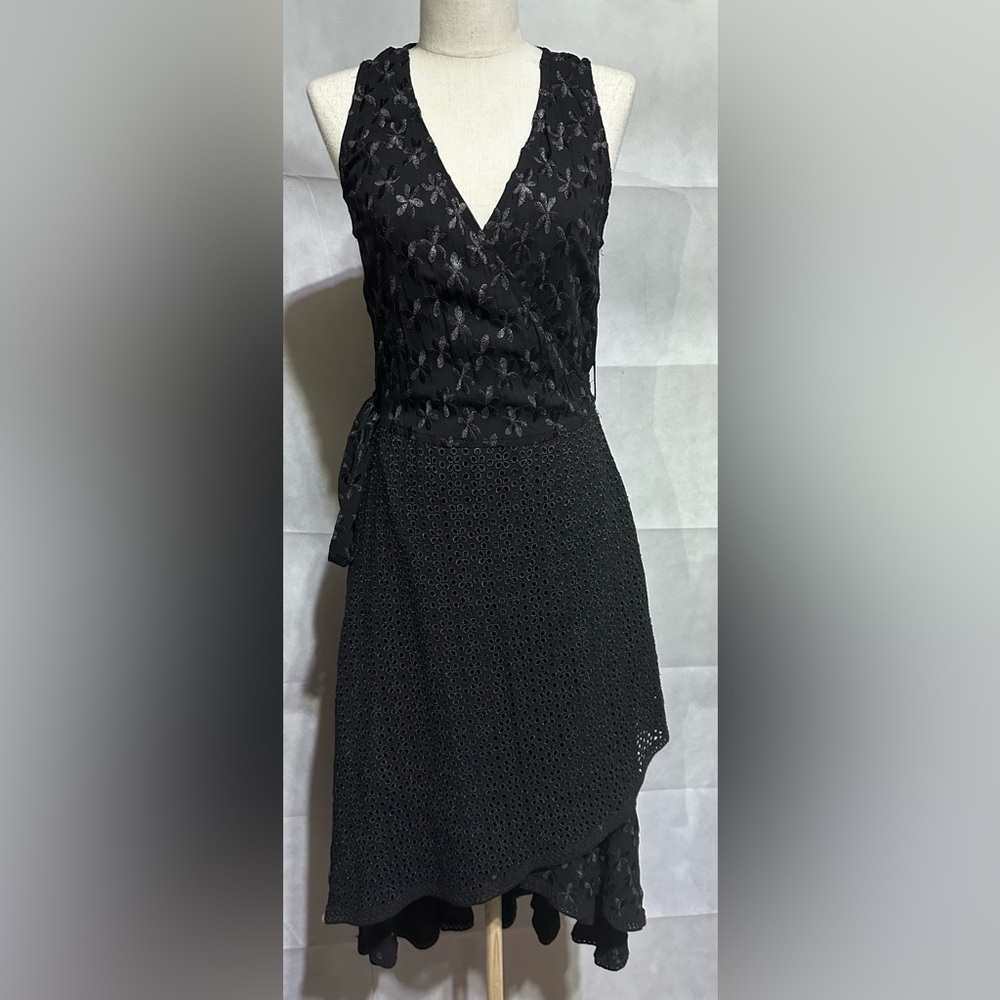 Boston Proper Embroidered Eyelet Fit & Flare Wrap Dress Asymmetrical Black Sz 6
